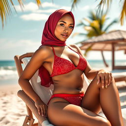 A stylish hijabi woman confidently wearing a red bikini, adorned with beautiful and intricate patterns, sitting elegantly on a luxurious beach chair