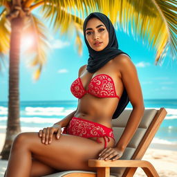 A stylish hijabi woman confidently wearing a red bikini, adorned with beautiful and intricate patterns, sitting elegantly on a luxurious beach chair