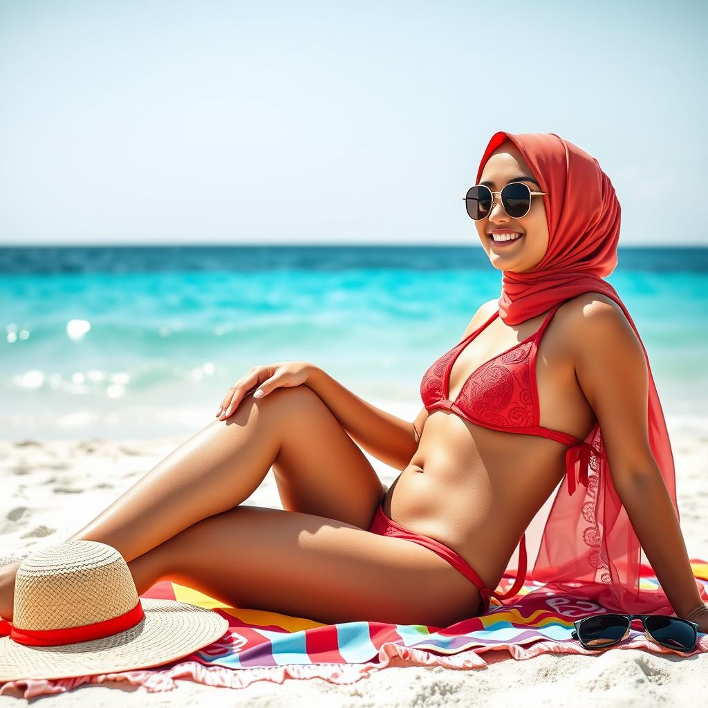A fashionable hijabi girl wearing a stylish red bikini with intricate patterns, relaxed and enjoying a sunny day at the beach