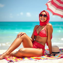 A fashionable hijabi girl wearing a stylish red bikini with intricate patterns, relaxed and enjoying a sunny day at the beach