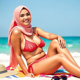 A fashionable hijabi girl wearing a stylish red bikini with intricate patterns, relaxed and enjoying a sunny day at the beach