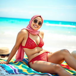 A fashionable hijabi girl wearing a stylish red bikini with intricate patterns, relaxed and enjoying a sunny day at the beach
