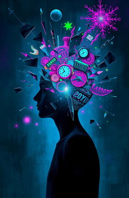 A surreal depiction of a broken mind, featuring fragmented thoughts and concepts represented as shattered glass and swirling colors