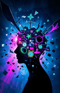 A surreal depiction of a broken mind, featuring fragmented thoughts and concepts represented as shattered glass and swirling colors