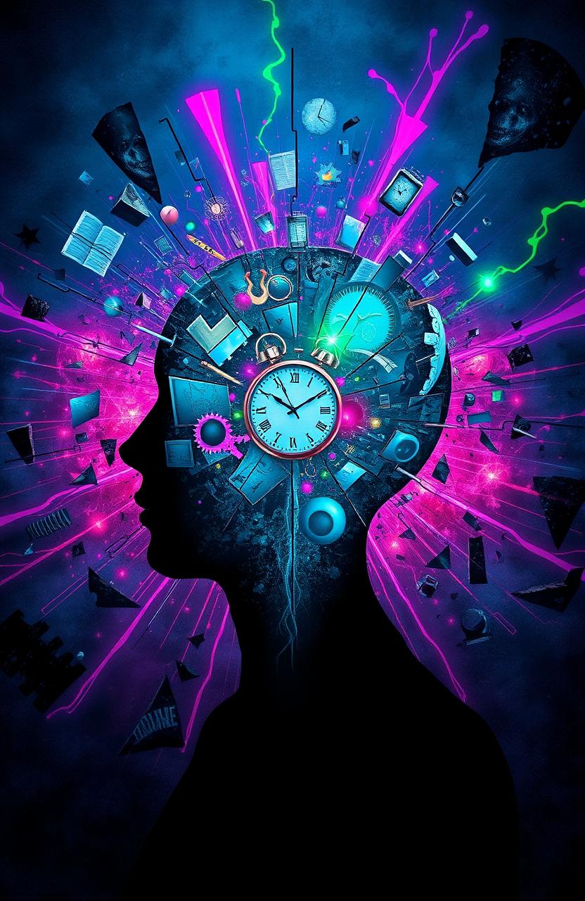 A surreal depiction of a broken mind, featuring fragmented thoughts and concepts represented as shattered glass and swirling colors
