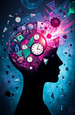 A surreal depiction of a broken mind, featuring fragmented thoughts and concepts represented as shattered glass and swirling colors