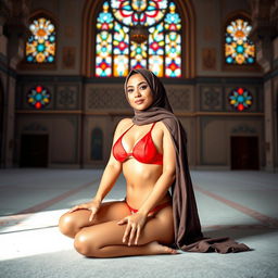 A vibrant scene of a confident hijabi girl wearing a striking red bikini, seated gracefully within a beautifully designed mosque