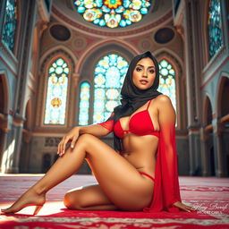 A vibrant scene of a confident hijabi girl wearing a striking red bikini, seated gracefully within a beautifully designed mosque