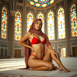 A vibrant scene of a confident hijabi girl wearing a striking red bikini, seated gracefully within a beautifully designed mosque