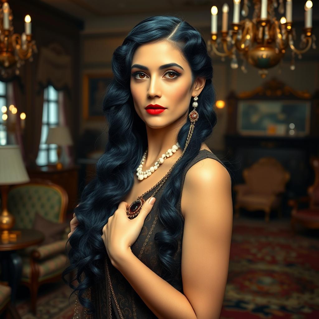 A woman of nobility from the 1910s with long, dark blue hair, elegantly dressed in period attire that reflects the fashion of high society
