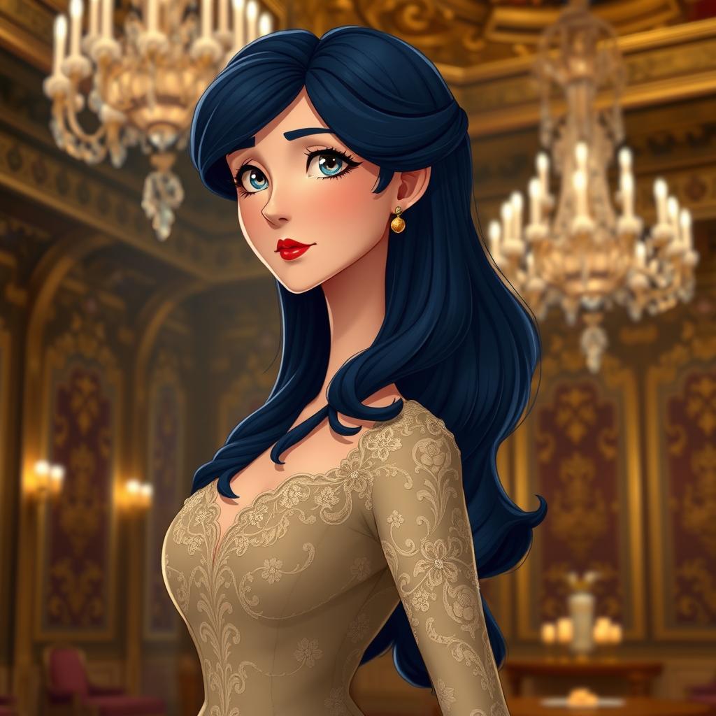 An animated woman of nobility from the 1910s with long dark blue hair