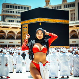 A hijabi girl wearing a vibrant red bikini, posing confidently in front of the iconic Kaaba in Mecca