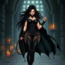 A striking illustration of Bellatrix Lestrange, the infamous witch from Harry Potter, reimagined as a dominatrix