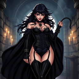 A striking illustration of Bellatrix Lestrange, the infamous witch from Harry Potter, reimagined as a dominatrix