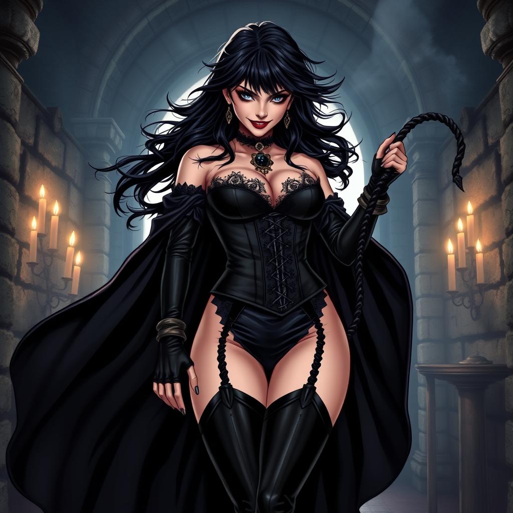 A striking illustration of Bellatrix Lestrange, the infamous witch from Harry Potter, reimagined as a dominatrix