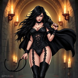A striking illustration of Bellatrix Lestrange, the infamous witch from Harry Potter, reimagined as a dominatrix