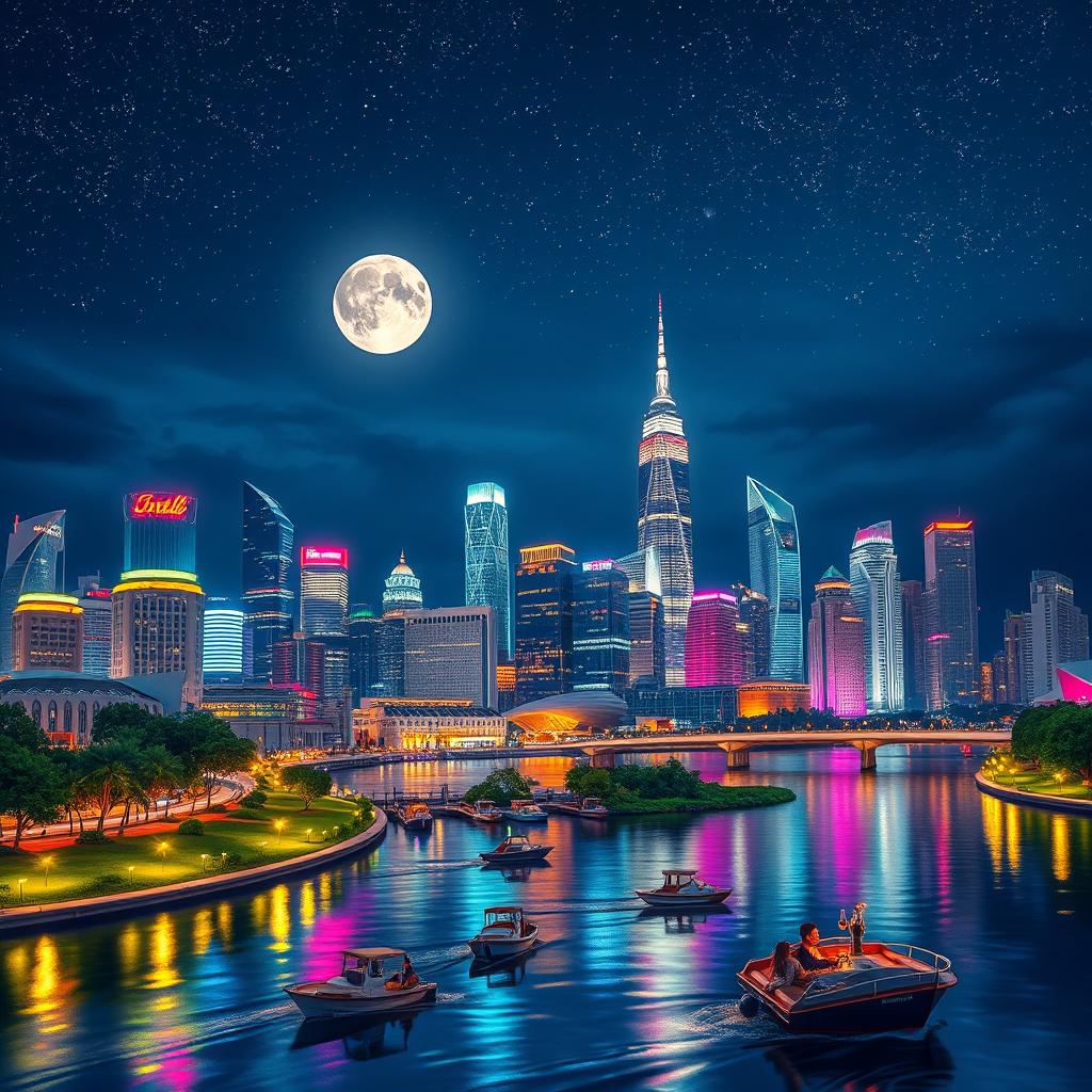 A stunning night scene of a vibrant city skyline, illuminated with colorful lights reflecting off a calm river