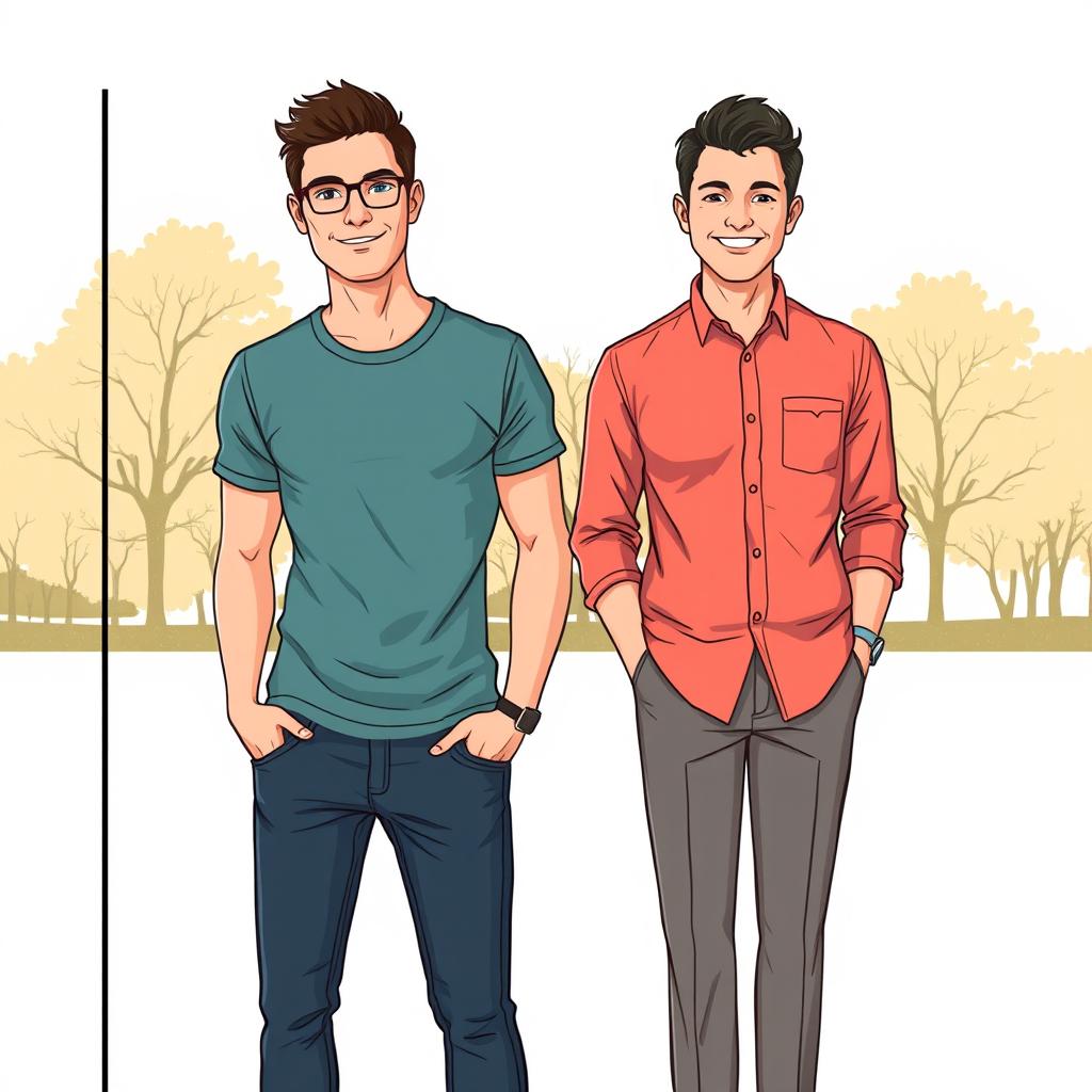 A side-by-side comparison illustration of two men standing together