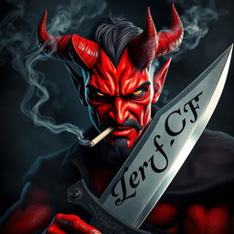 A striking image of a devil character smoking a cigarette while holding a sword
