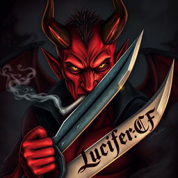 A striking image of a devil character smoking a cigarette while holding a sword