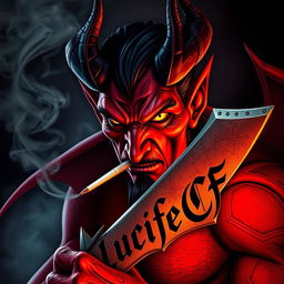 A striking image of a devil character smoking a cigarette while holding a sword
