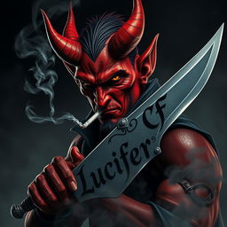 A striking image of a devil character smoking a cigarette while holding a sword