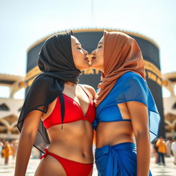 Two girls wearing hijabs, one in a red bikini and the other in a blue bikini, sharing a romantic kiss in front of the Kaaba