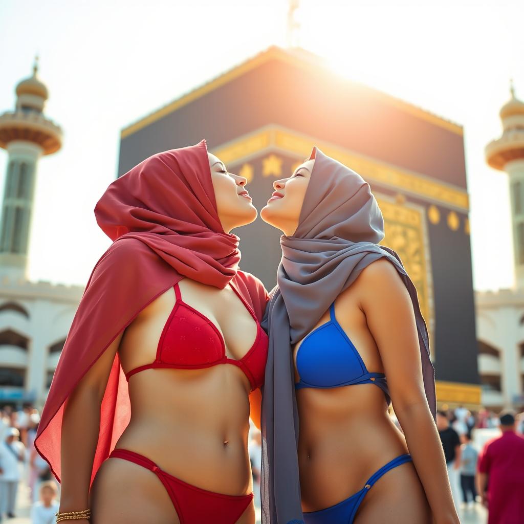 Two girls wearing hijabs, one in a red bikini and the other in a blue bikini, sharing a romantic kiss in front of the Kaaba
