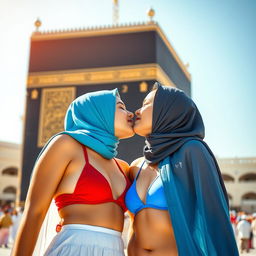Two girls wearing hijabs, one in a red bikini and the other in a blue bikini, sharing a romantic kiss in front of the Kaaba