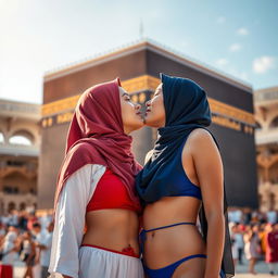 Two girls wearing hijabs, one in a red bikini and the other in a blue bikini, sharing a romantic kiss in front of the Kaaba