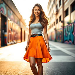 A stylish young woman wearing a short skirt, showcasing a fashionable and confident vibe
