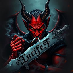 A captivating image of a devil figure smoking a cigarette while holding a sword