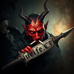 A captivating image of a devil figure smoking a cigarette while holding a sword