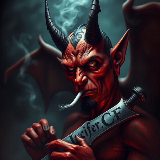 A captivating image of a devil figure smoking a cigarette while holding a sword