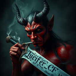 A captivating image of a devil figure smoking a cigarette while holding a sword