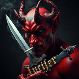 An intense and captivating image of a devil character smoking a cigarette while wielding a sword