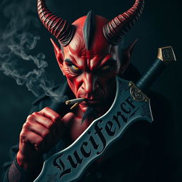 An intense and captivating image of a devil character smoking a cigarette while wielding a sword