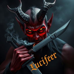 An intense and captivating image of a devil character smoking a cigarette while wielding a sword