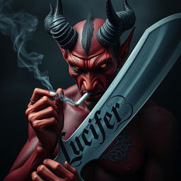 An intense and captivating image of a devil character smoking a cigarette while wielding a sword