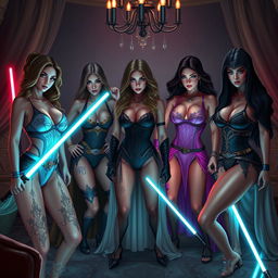 A sensual fantasy scene depicting a gathering of powerful female Jedi and Sith in a luxurious setting