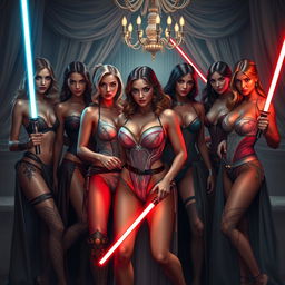 A sensual fantasy scene depicting a gathering of powerful female Jedi and Sith in a luxurious setting