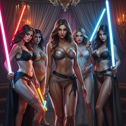 A sensual fantasy scene depicting a gathering of powerful female Jedi and Sith in a luxurious setting