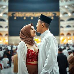 A romantic scene inside the Kaaba, featuring a young Muslim couple