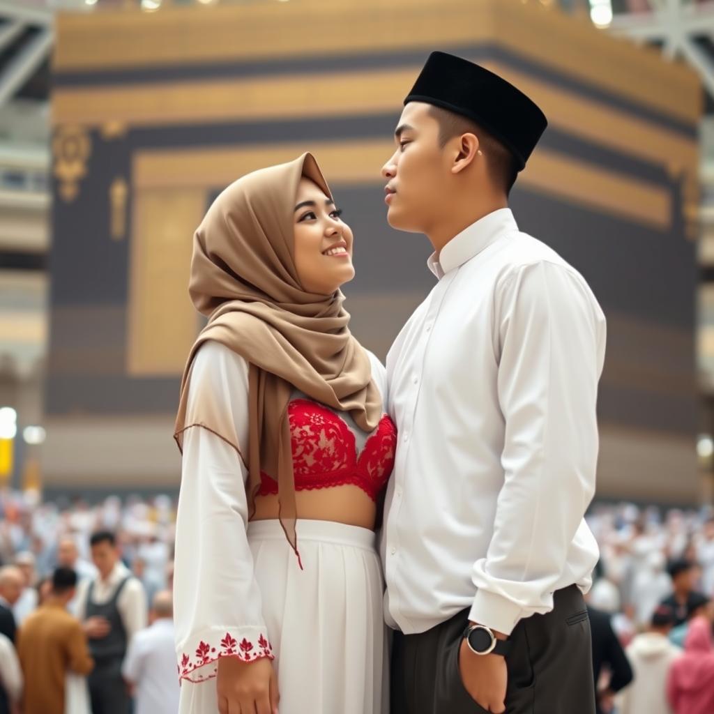 A romantic scene inside the Kaaba, featuring a young Muslim couple