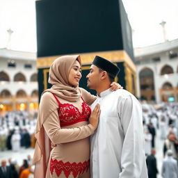 A romantic scene inside the Kaaba, featuring a young Muslim couple