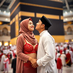 A romantic scene inside the Kaaba, featuring a young Muslim couple