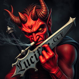 An intriguing image of a devil character smoking a cigarette while wielding a majestic sword