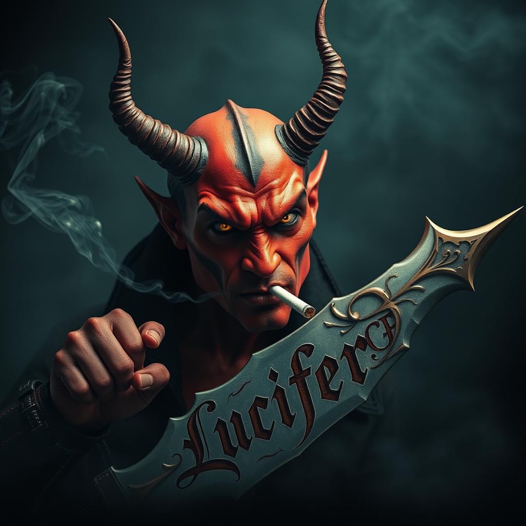 An intriguing image of a devil character smoking a cigarette while wielding a majestic sword