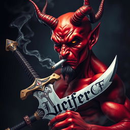An intriguing image of a devil character smoking a cigarette while wielding a majestic sword