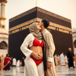 A romantic scene featuring a Muslim couple in front of the Kaaba, with the girl wearing a stylish hijab and a red bra and panty set, and the boy in traditional Muslim attire